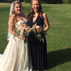 Navy blue, floor length, LuLu’s bridesmaid dress